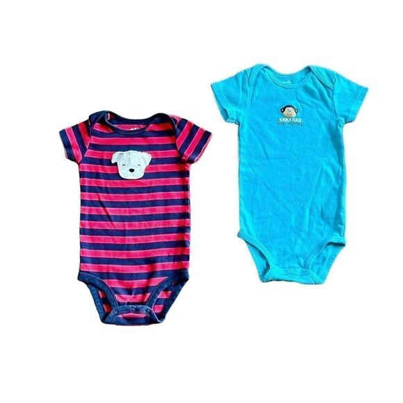Carter's Dog Monkey Applique Boy 2pc Set Bodysuits Blue & Red Stripe 18 months - Picture 1 of 7
